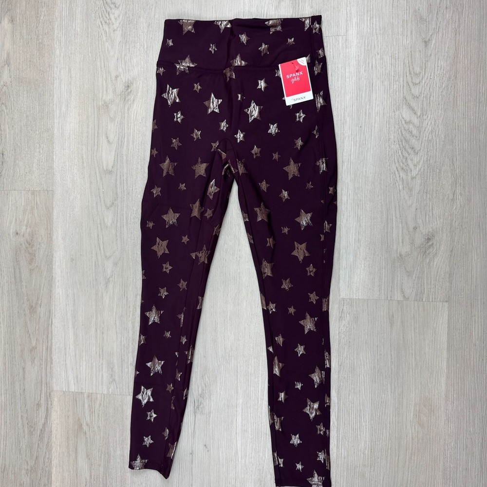 Spanx Girls Faux Leather Leggings Size Large Burgundy Rose Gold Star Print